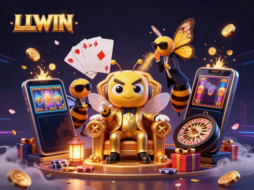 LLWIN showcases an energetic 3D casino scene with a mob boss and lavish gaming elements.