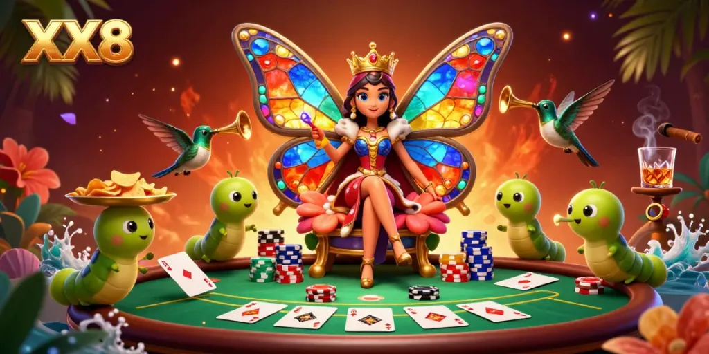 Bet on XX8 with a vibrant casino scene featuring a butterfly queen and poker elements