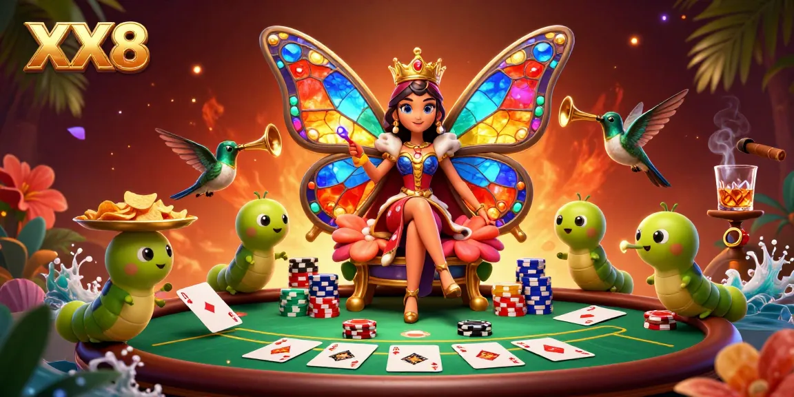 Bet on XX8 with a vibrant casino scene featuring a butterfly queen and poker elements