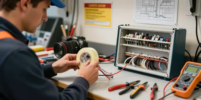 Electrician using Link Super33 tape on wires in a workshop setting.