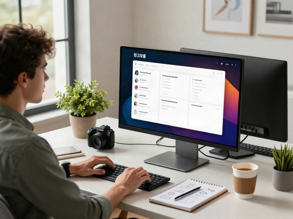 Organizing links in a modern workspace showcasing a digital dashboard for 링크모음.