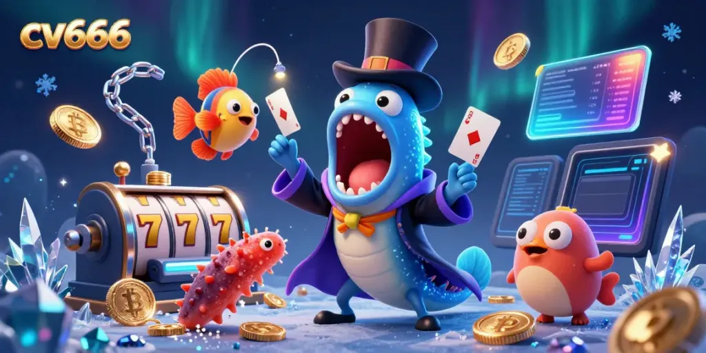 Experience the thrill of cv666 gaming with a vibrant underwater scene of card tricks and crypto coins.