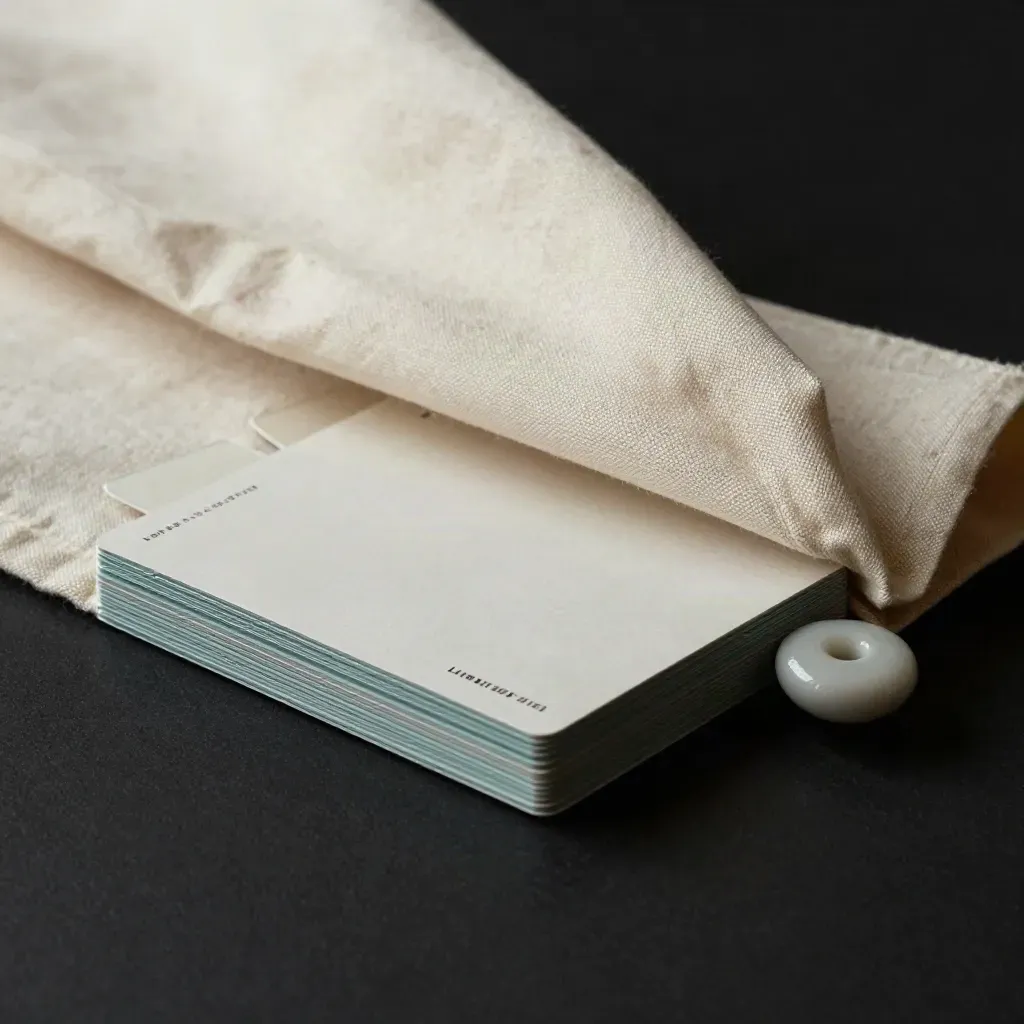 Cream linen-draped message flow cards with a ceramic weight on a dramatic studio surface.
