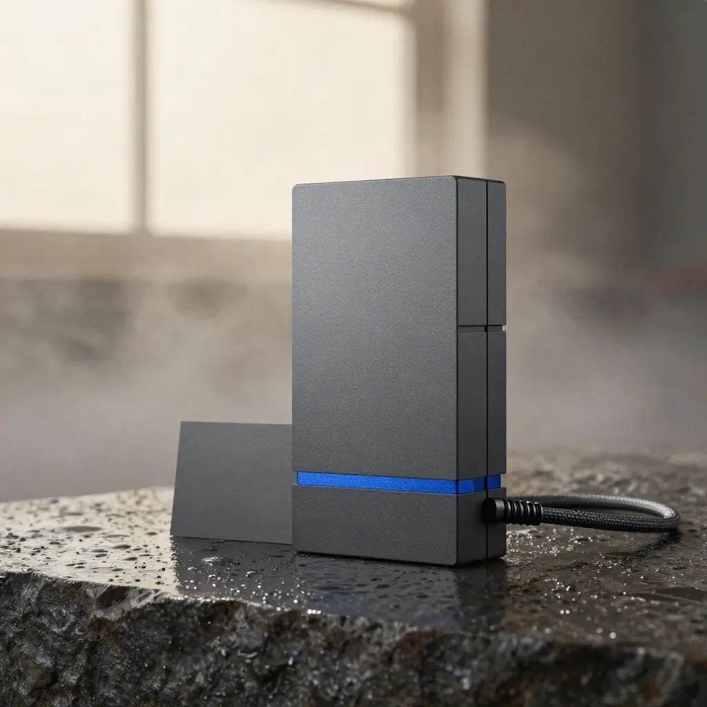 Matte graphite lead engine with modules on wet stone in mist and cobalt rim light.