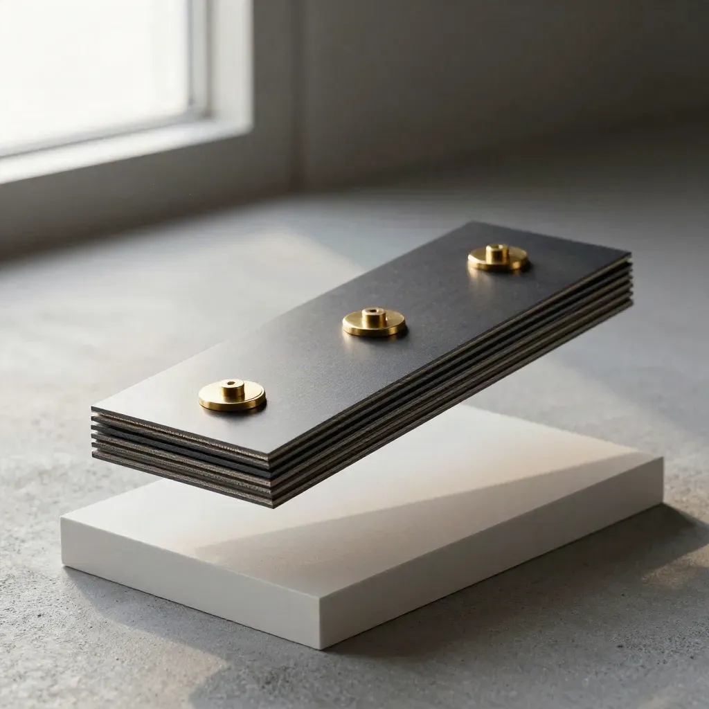 Floating lead-scoring modules with brass markers on pale pedestal, lit in cool premium light