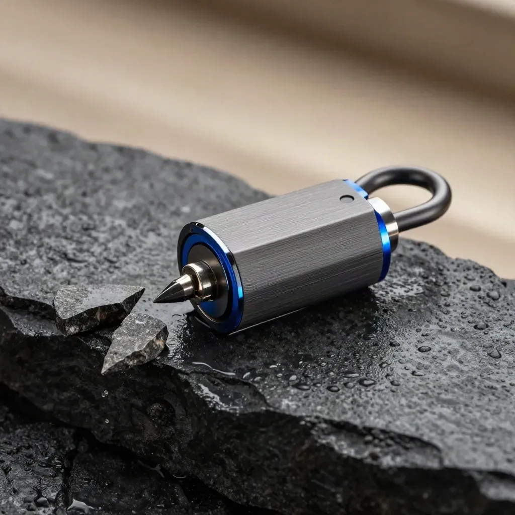 Macro of a wet basalt auto-connect module with a cobalt tether ring and a water bead.