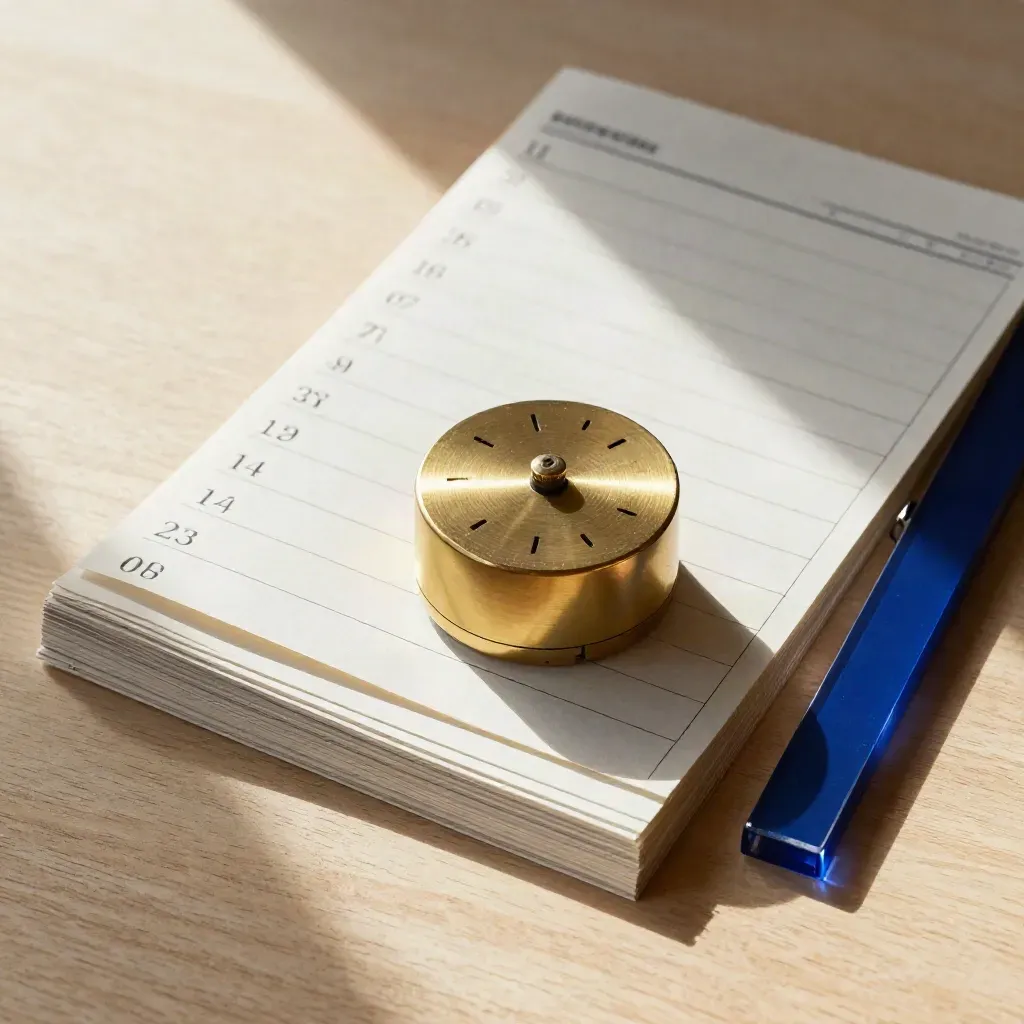Brass timer with stacked blank time blocks and a cobalt accent on light oak