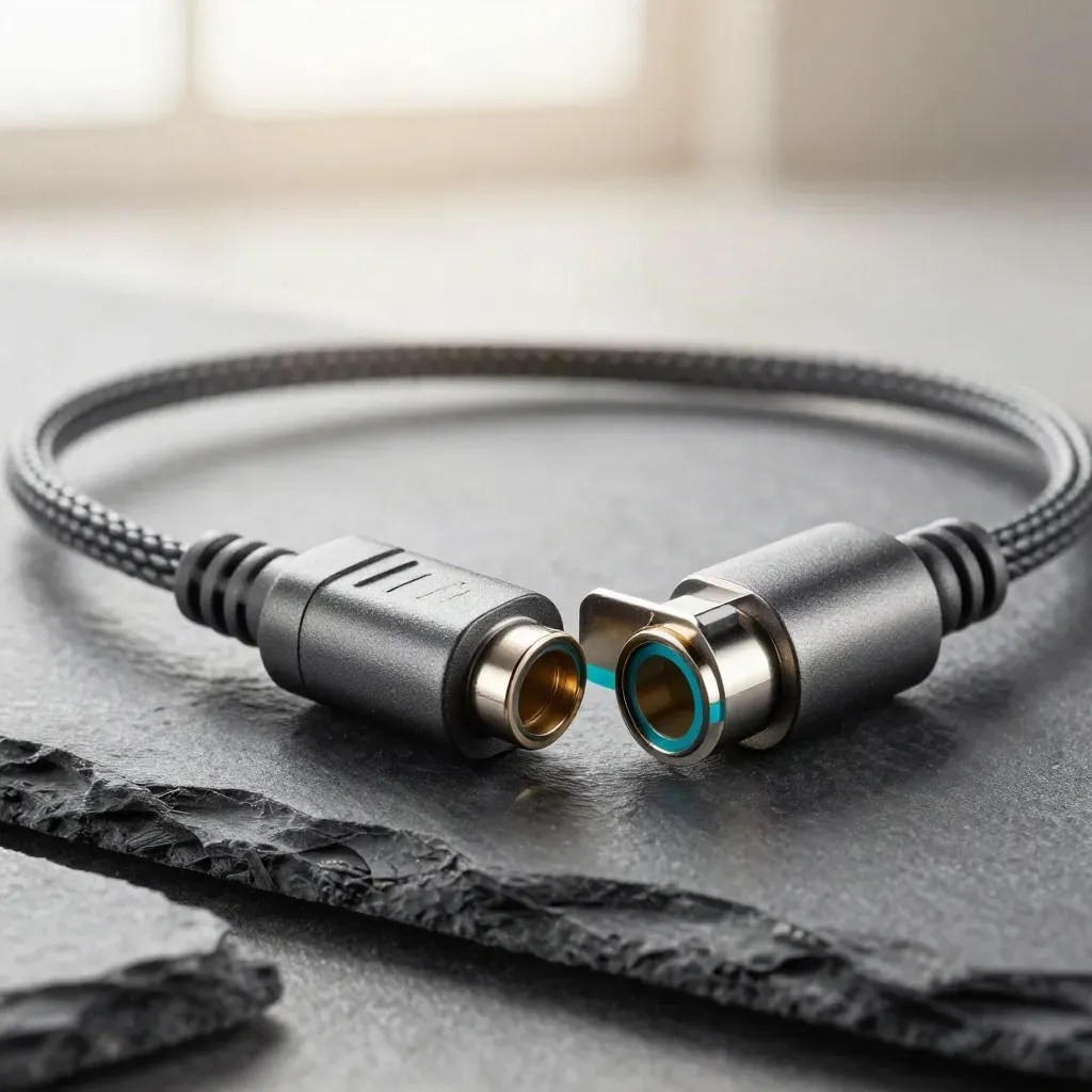 Macro of a CRM sync add-on connector meeting a port on slate with teal accents.