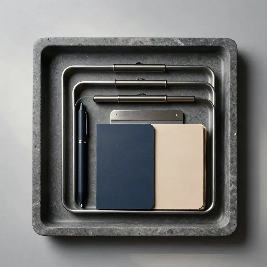 Overhead flatlay of trays, dividers and stylus on brushed stone