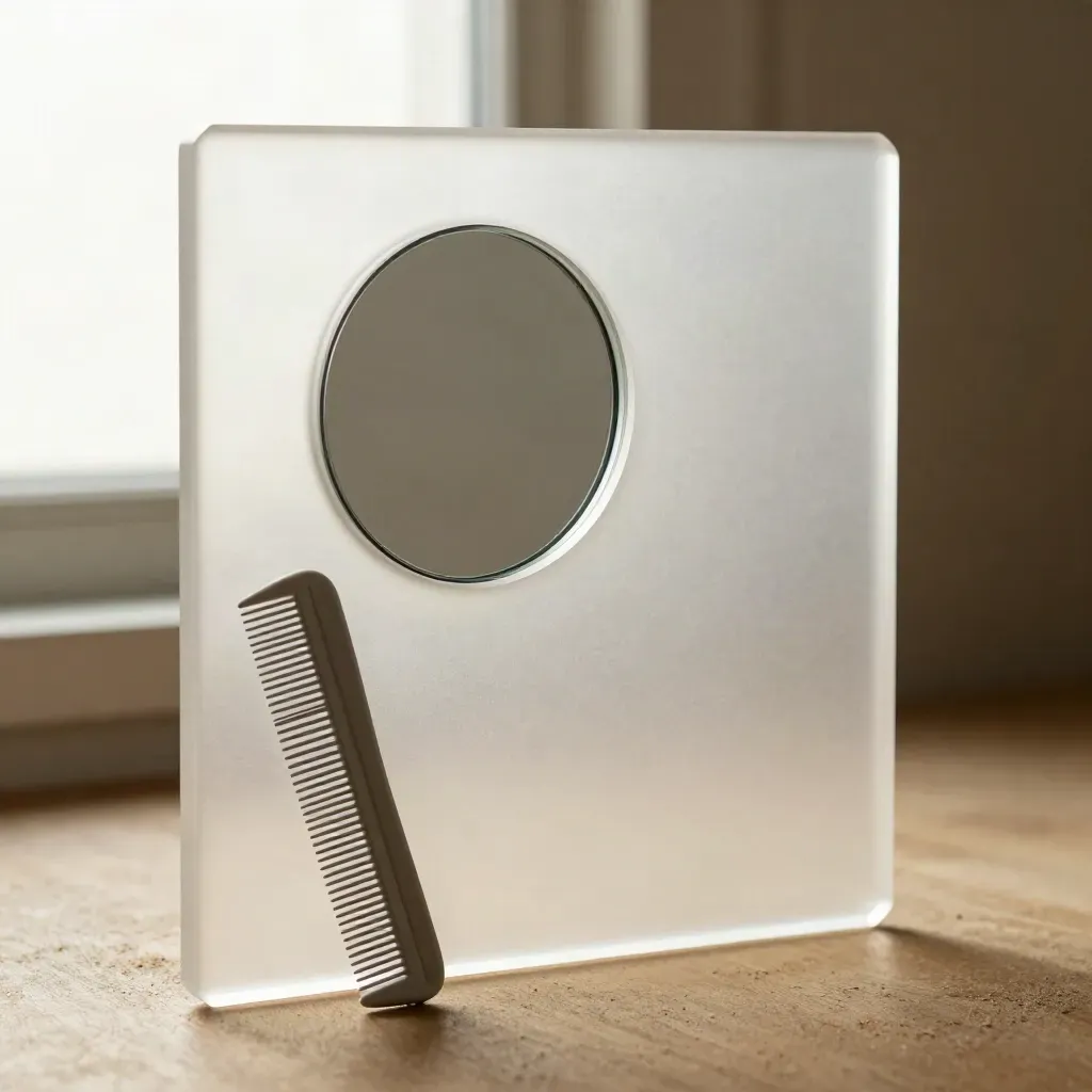 Frosted acrylic profile kit with mirror and comb on pale plaster, studio-lit in a tight three-quarter view.