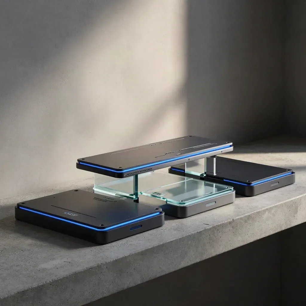 Four linked modular product blocks on a concrete shelf with cobalt accents and soft haze.