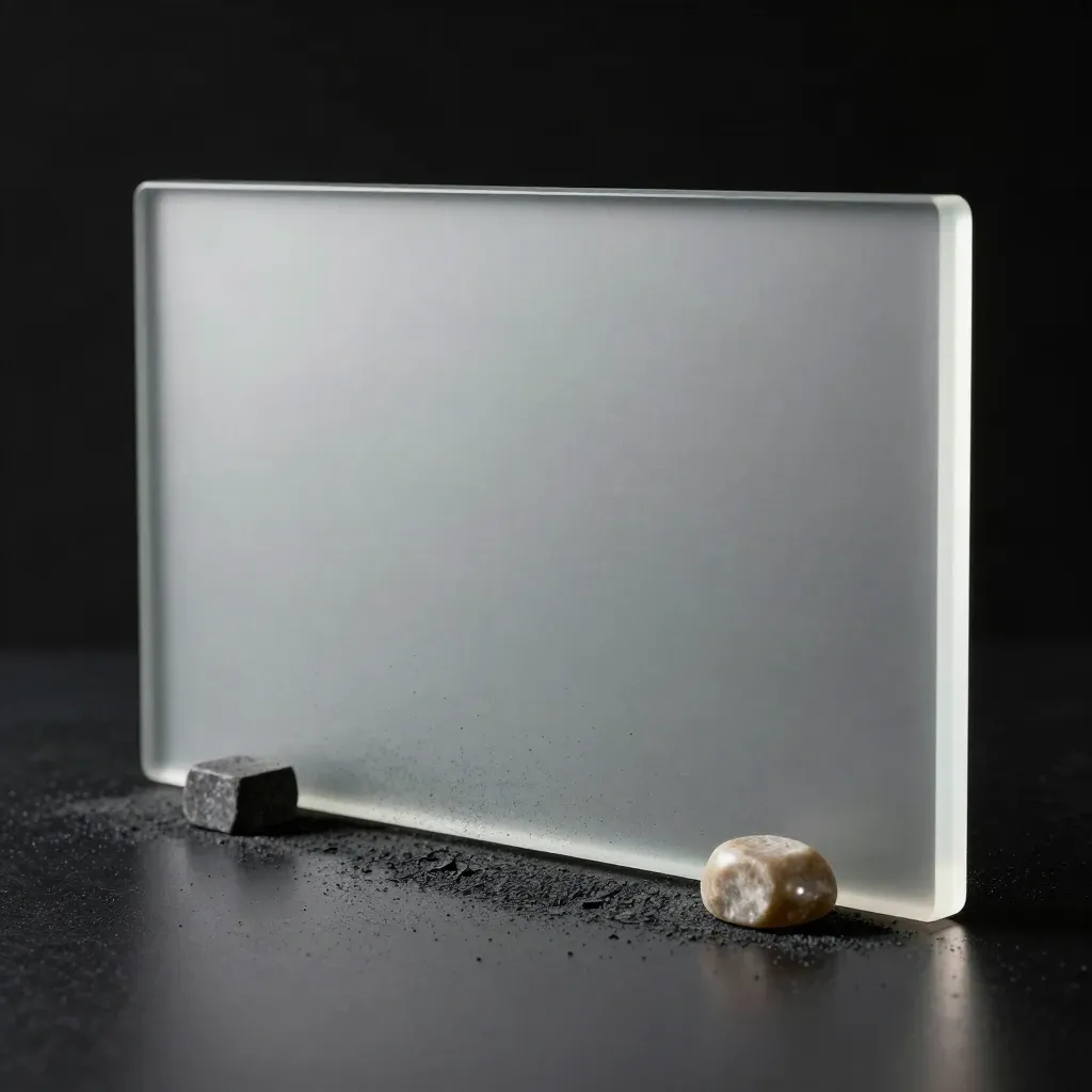 Frosted acrylic review slab with graphite chips and a stone spacer on matte black.