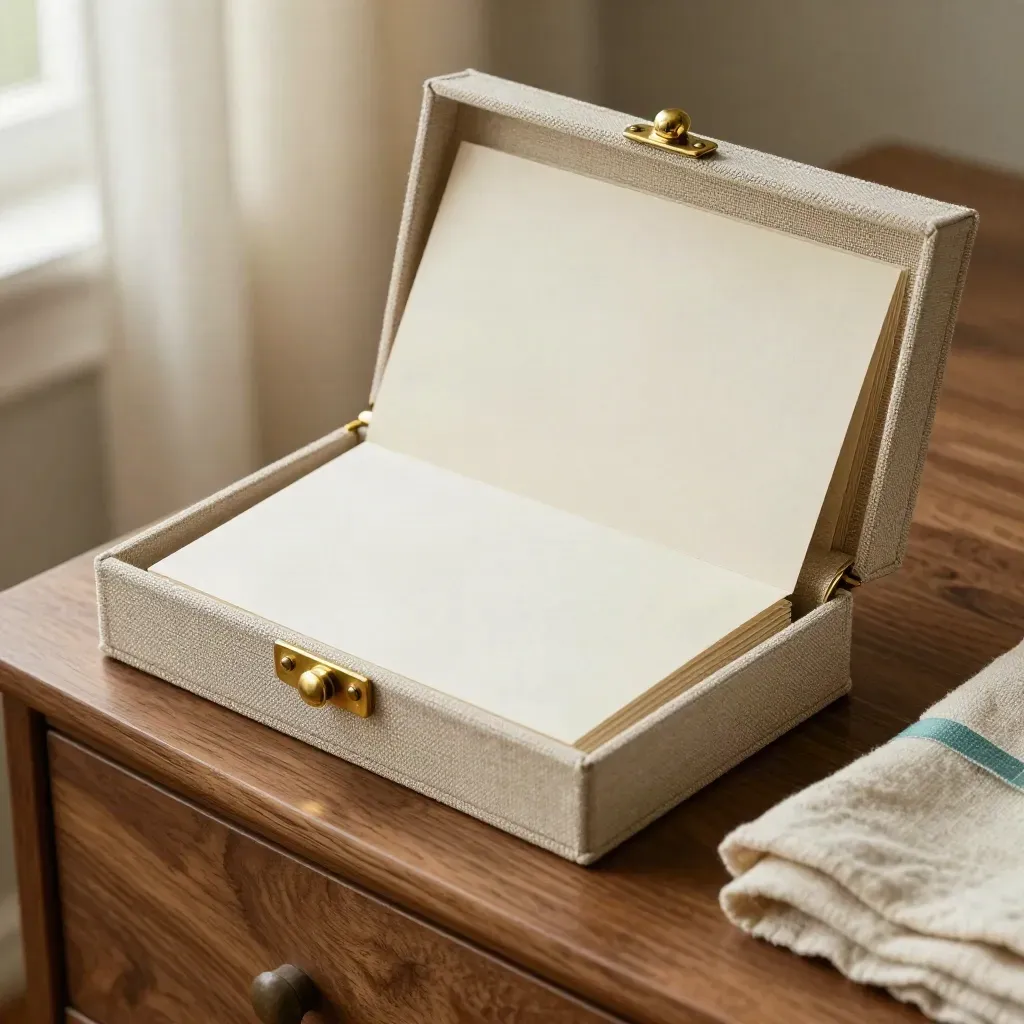 Brass-clasp linen case with three blank cards, one mid-slide, on warm walnut