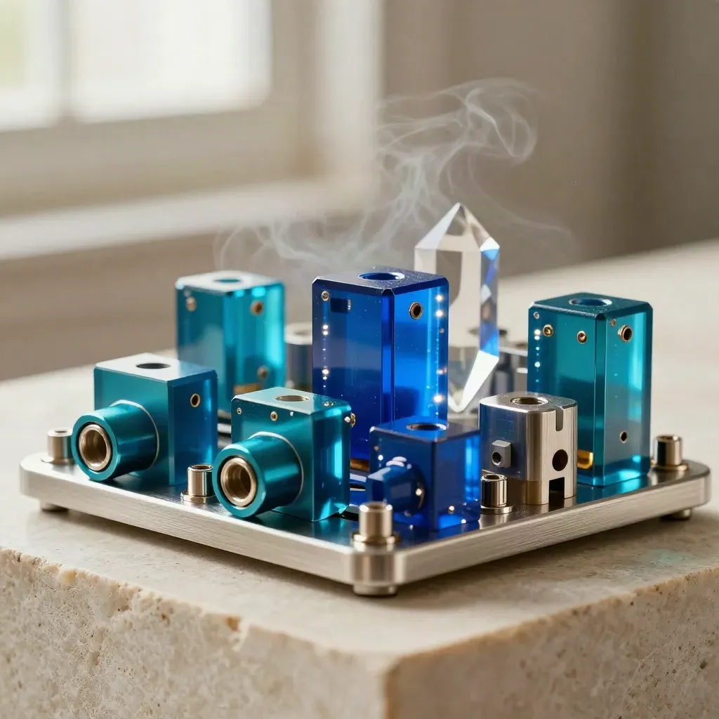 Cobalt and teal modular cluster on brushed steel, glowing like a premium hero product shot.