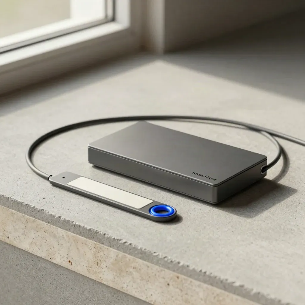 Graphite sales inbox module, dock and cable loop settling on concrete with a cobalt accent.