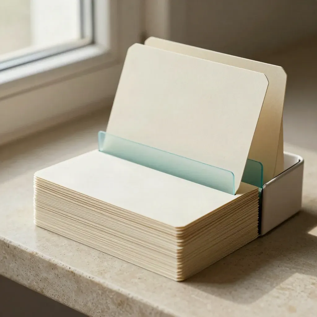 Fanned blank idea cards rising from a shallow box on a plaster surface, with one teal divider.