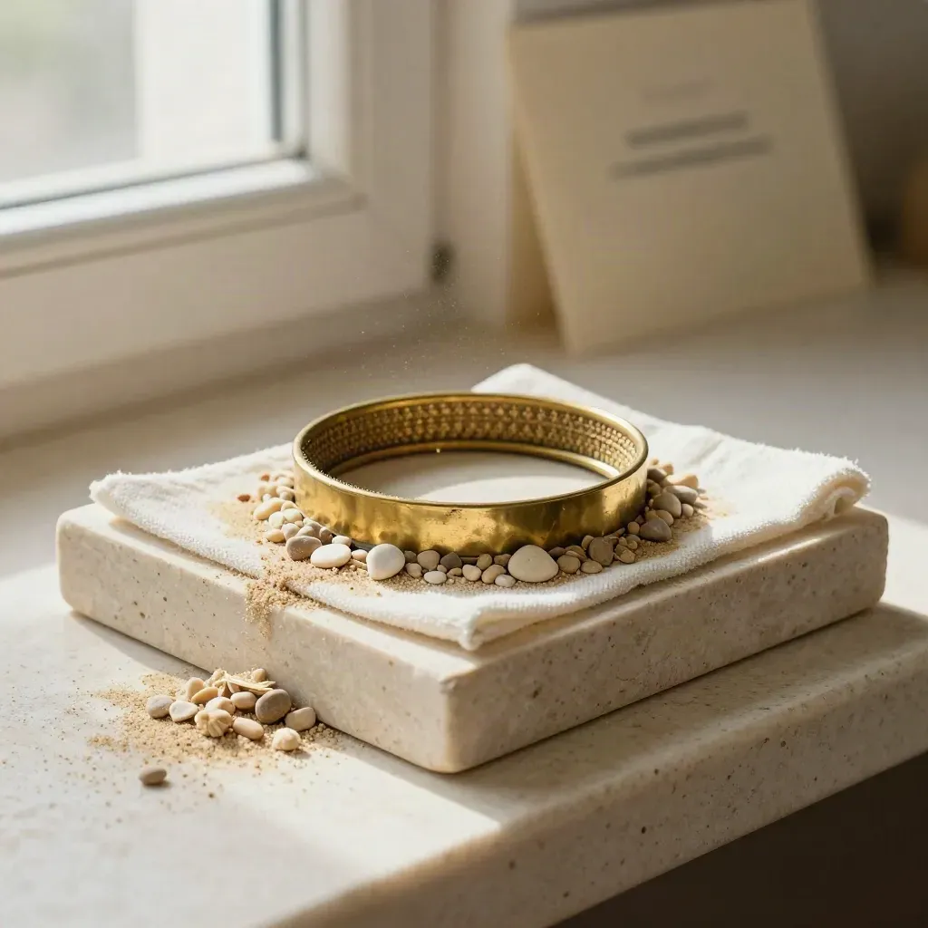 Brass mesh lead filter ring with sorted pebble chips and cloth pad on pale stone, side-lit.