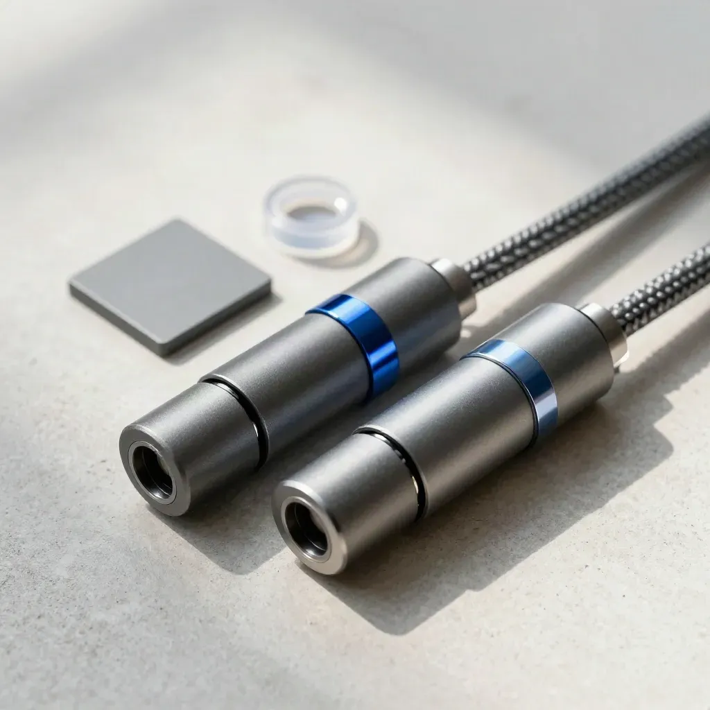 Overhead flatlay of two connector blocks linked by a braided cable on brushed aluminum.