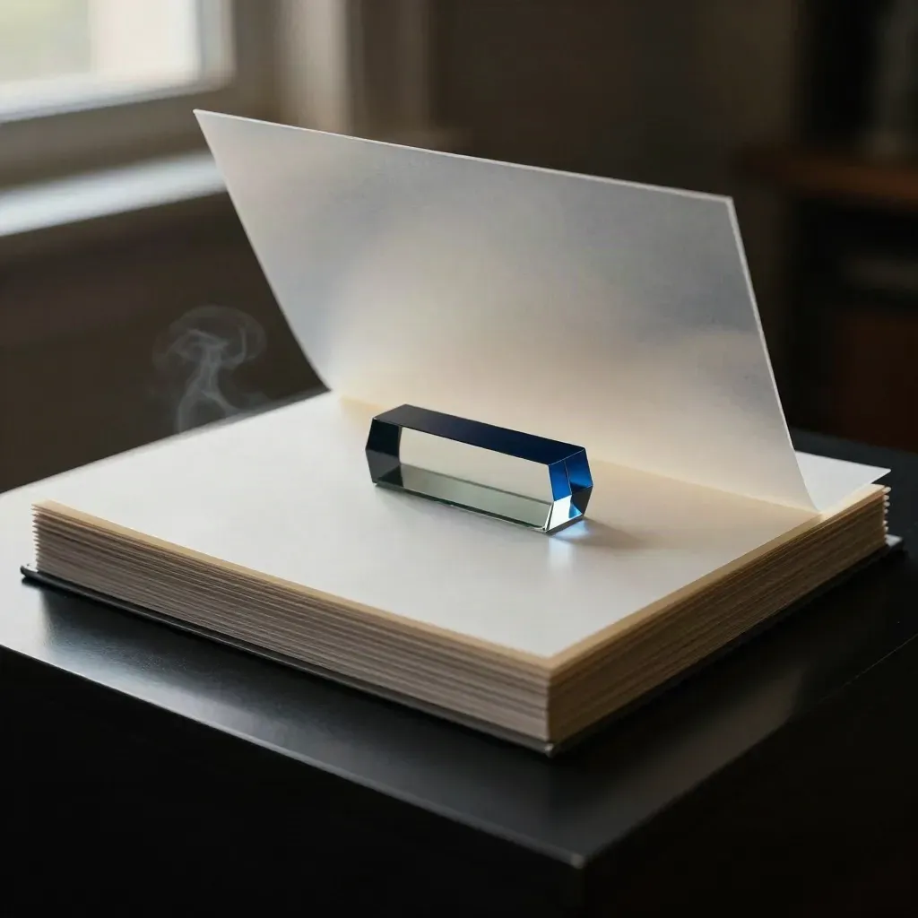Translucent report sheets, dark clip and glass prism on a matte-black plinth in moody studio light.