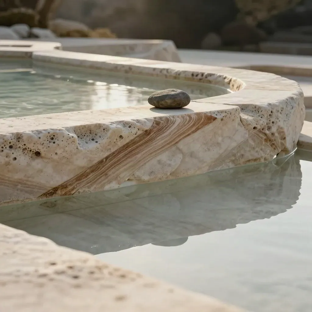 Travertine terrace with reflecting basin and a single dark stone in warm light.