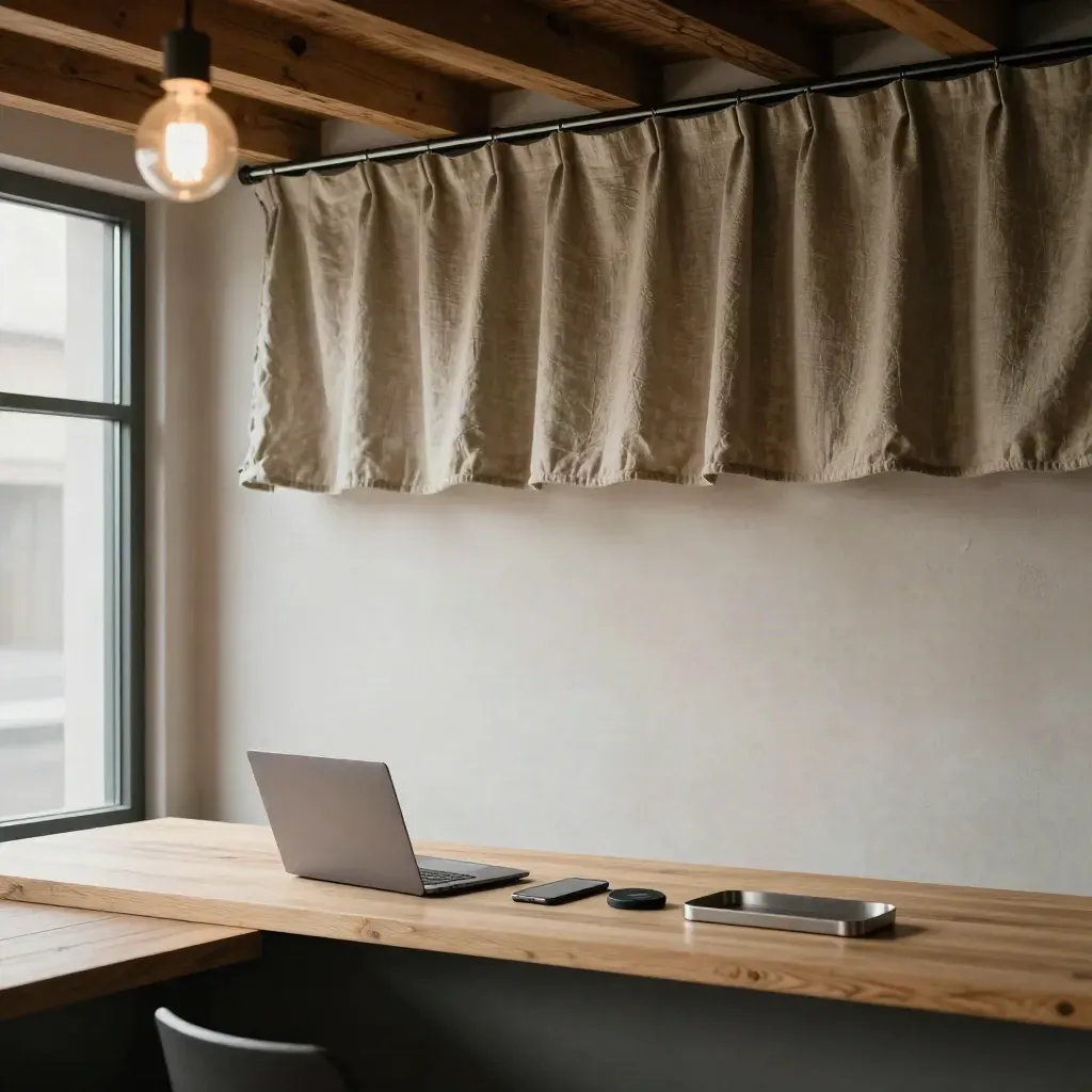 Loft workspace with linen drapes, oak beams, and soft-lit laptop and phone in calm neutral space.
