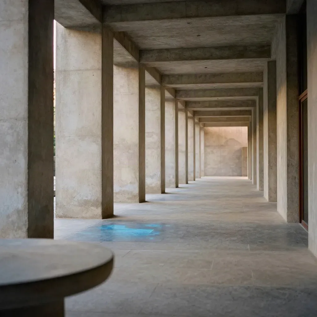 Sunlit concrete arcade with a cobalt floor reflection and calm polished floor for copy.