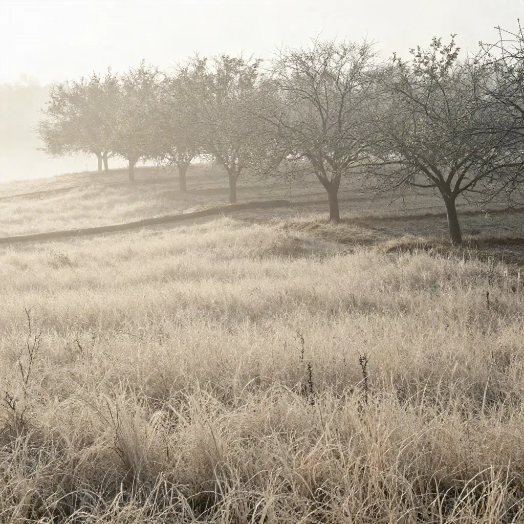 Misty hillside orchard with layered grasses, pale sky, and low fog over a calm meadow foreground.