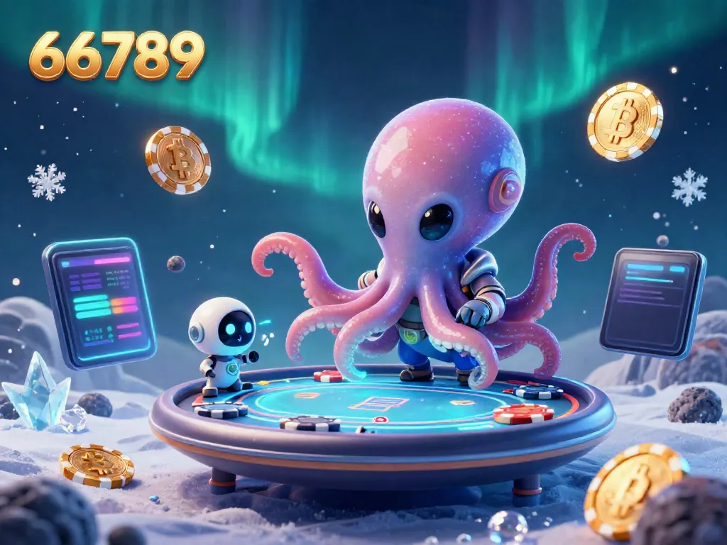 Experience 66789 with an alien octopus and a robot at a holographic poker table amidst cryptocurrency elements.