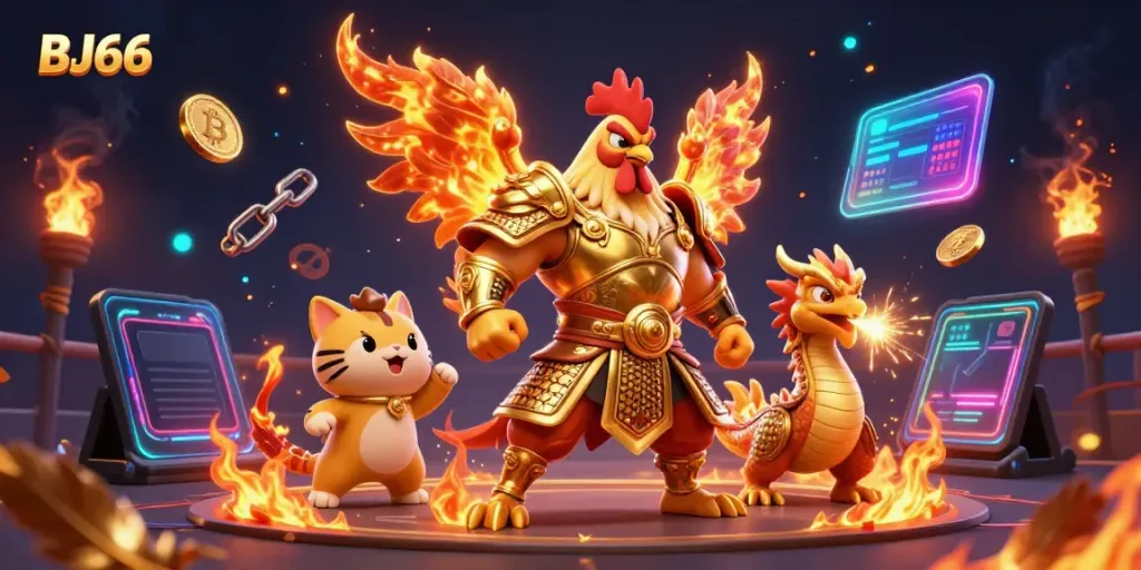 Engage in thrilling cockfighting action at BJ66 with fiery roosters and digital coins ablaze.