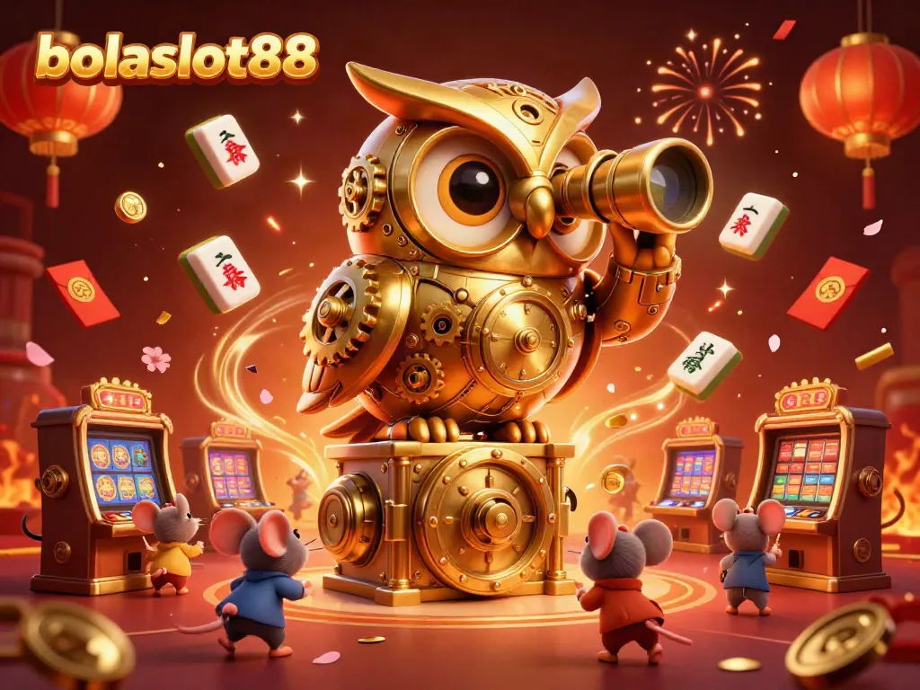 Experience the thrill of bolaslot88 with a rich 3D casino illustration featuring lucky symbols and golden owl guardians.