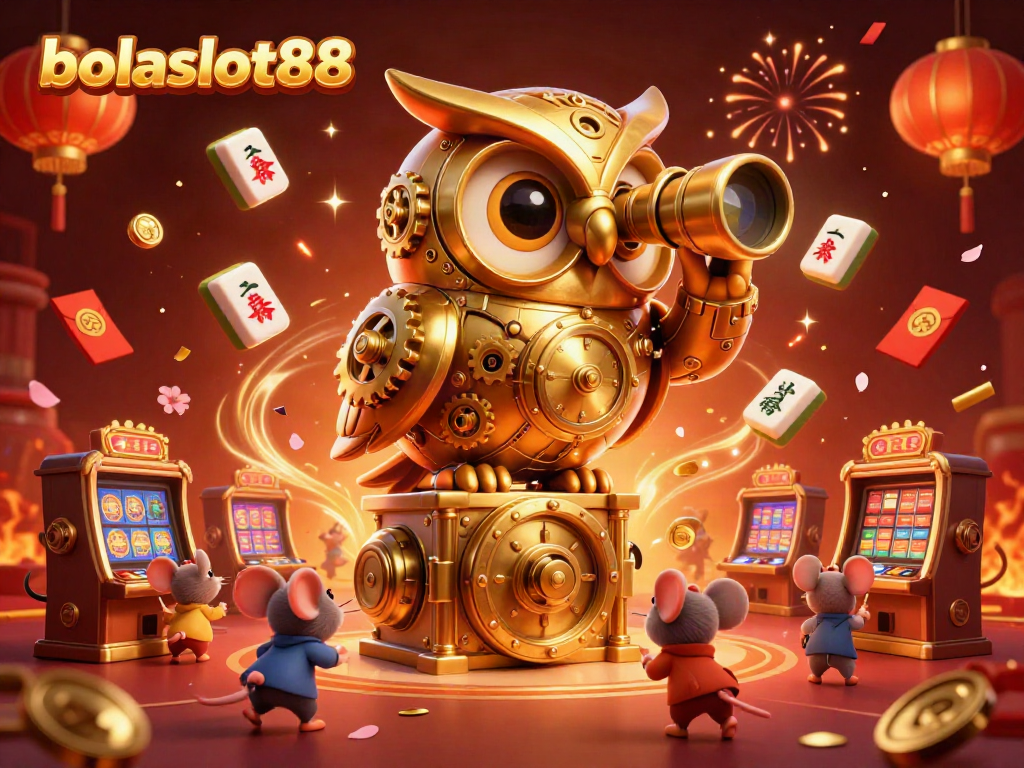 Experience the thrill of bolaslot88 with a rich 3D casino illustration featuring lucky symbols and golden owl guardians.