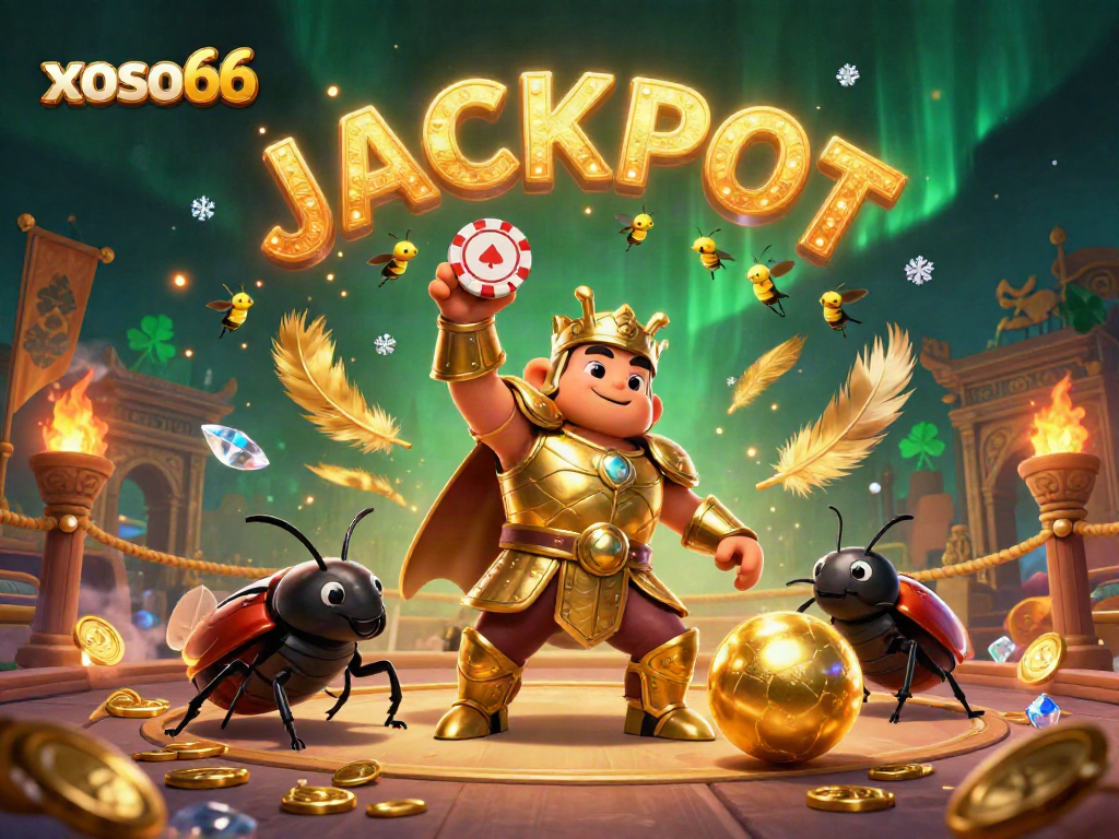 Experience the thrill of xoso66 with a beetle hero lifting a poker chip in a vibrant casino scene.