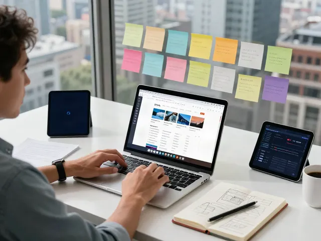 A vibrant workspace focused on 링크모음, showcasing a person using a laptop, colorful desk accessories, and a city view.