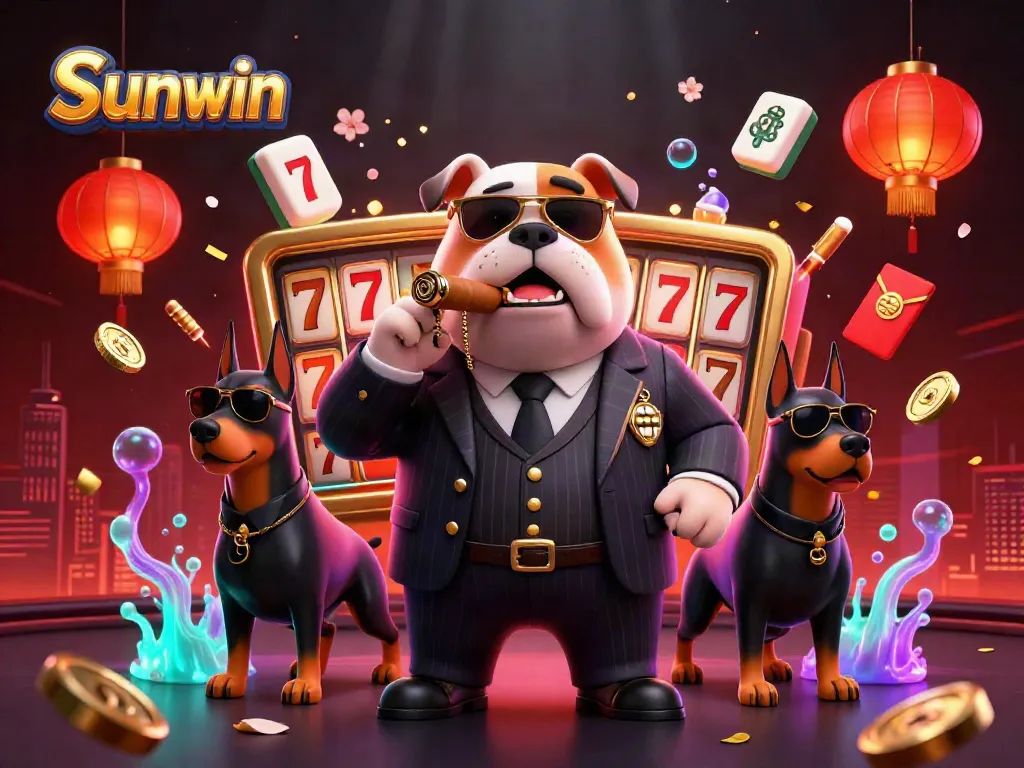 Capture the excitement of Sunwin casino with a mafia bulldog and bodyguard Dobermans amidst vibrant gaming elements.