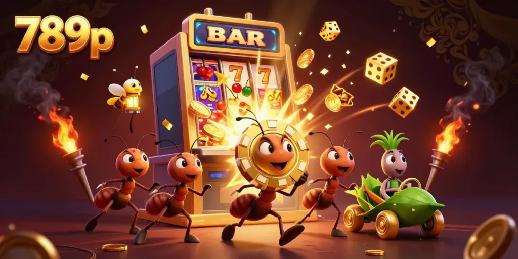 Experience the thrill of 789p with ants on a golden poker chip heist amidst a vibrant casino explosion.