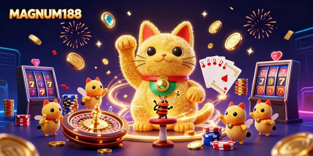 Experience MAGNUM188's excitement through a vibrant scene of a lucky cat and animated casino symbols.