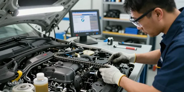 bmw steuerkette hannover technician inspecting engine timing chain in workshop