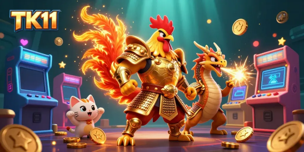 Engage in action with TK11, a vibrant 3D illustration featuring a warrior rooster and dragon amidst gaming elements.