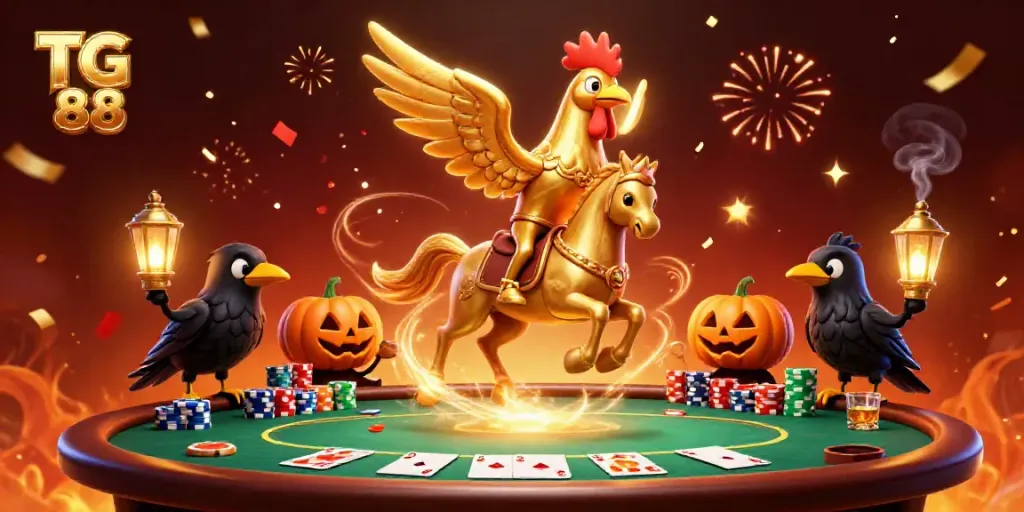Engage with TG 88 in a vibrant casino scene featuring a golden rooster and poker elements.