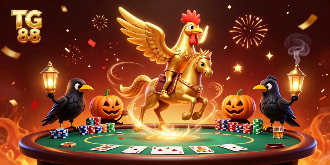 Engage with TG 88 in a vibrant casino scene featuring a golden rooster and poker elements.