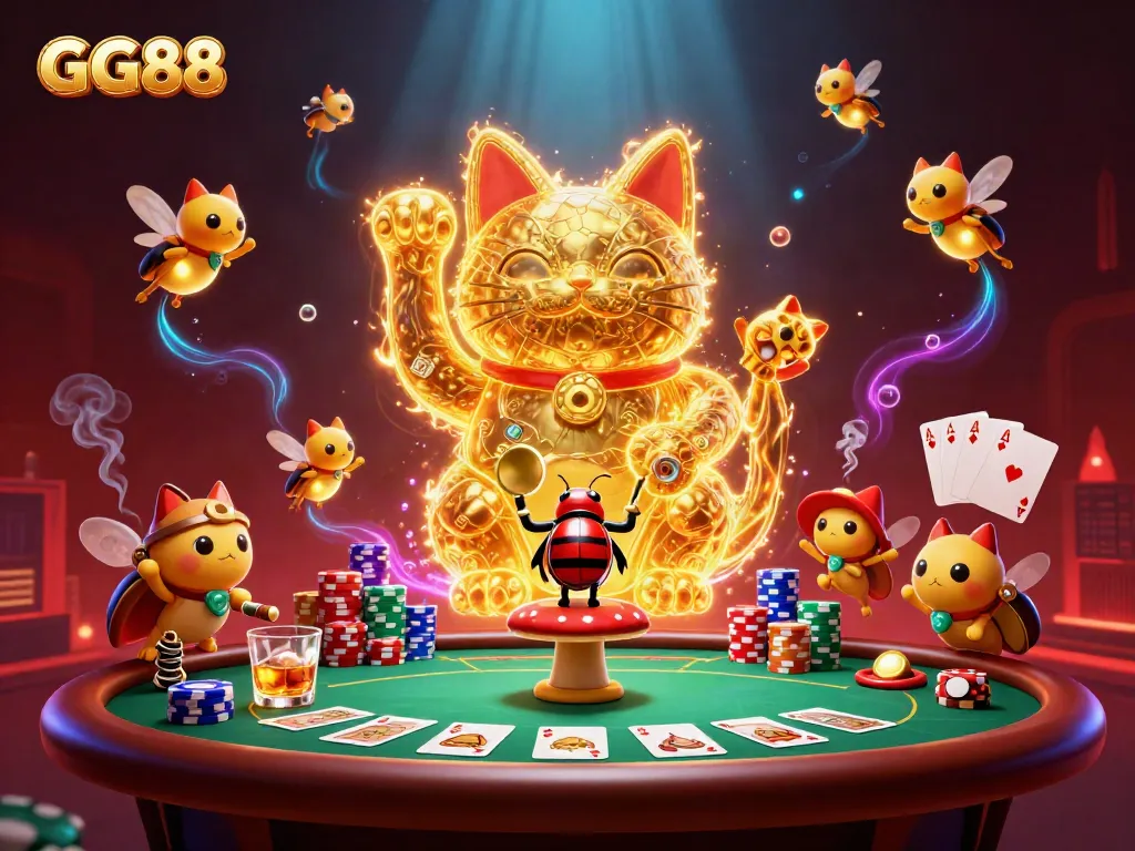Engage with GG88's unique casino experience featuring a lucky cat and interactive cards.