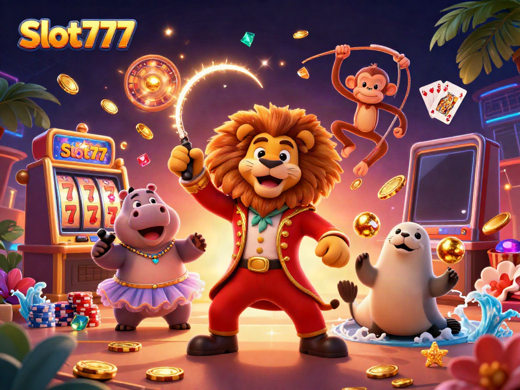 Experience Slot777 with 3D characters amid coins, slots, and a vibrant casino atmosphere.