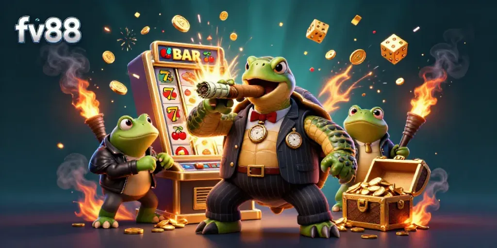Experience the thrill of fv88 with a lively 3D illustration of a snapping turtle and bullfrog enforcers amidst dynamic casino elements.