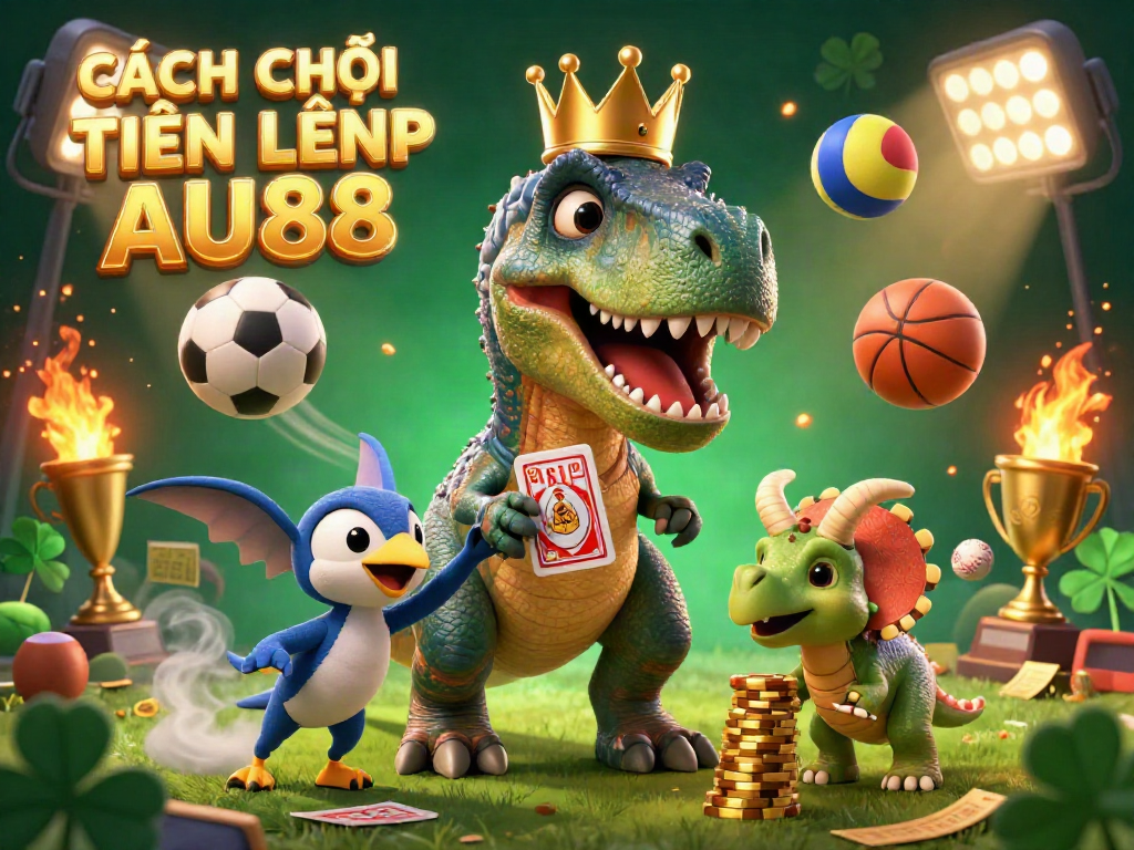 Engaging scene demonstrating CÁCH CHƠI TIẾN LÊN AU88 with a T-Rex shuffling cards, featuring dynamic sports elements and golden accents.