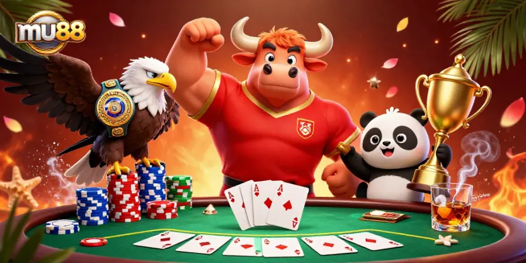 Celebrate victories at mu88 with dynamic casino gaming action featuring poker chips, a bull mascot, and more.