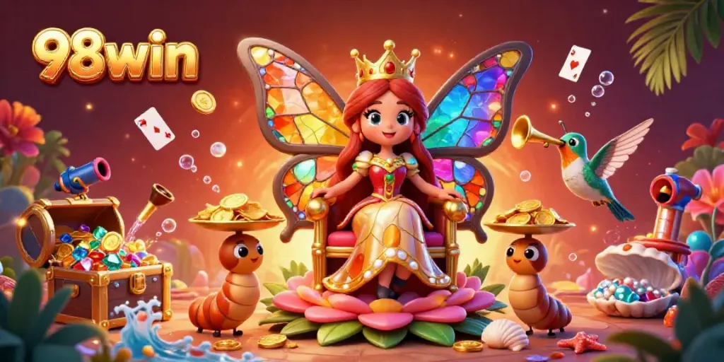 Immerse in the 98win casino magic with a butterfly queen and vibrant gameplay details.