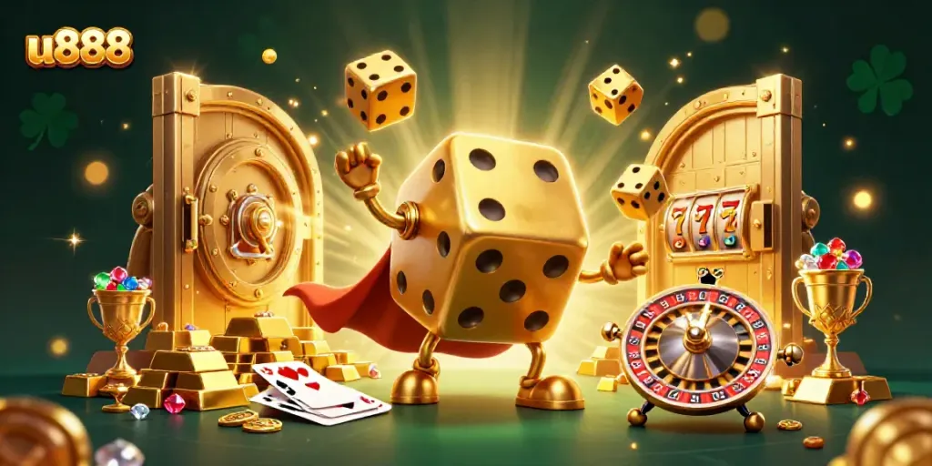 u888 gaming scene featuring a golden dice golem and dynamic casino elements for players