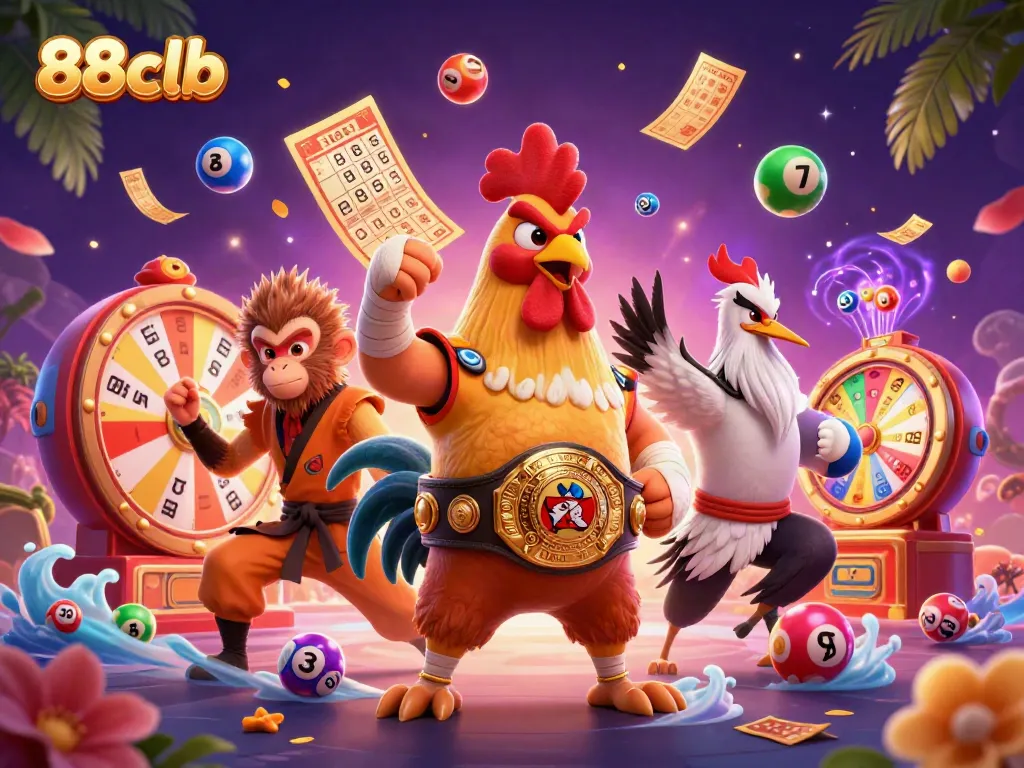 Engage with 88clb's thrilling gaming experience, embodied by a vibrant 3D illustration featuring a Muay Thai rooster and game elements.