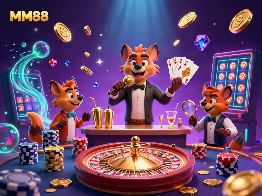 Experience the fun at MM88 with our hyena comedy casino scene featuring golden coins and lively games.