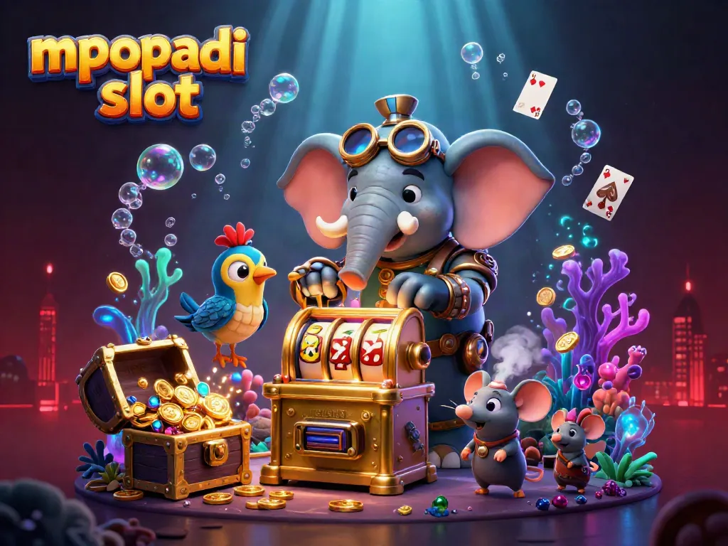 Experience the thrill of mpopadi slot with a steampunk elephant operating a vibrant slot machine.